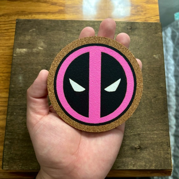 Pink Deadpool Laser Engraved Painted Cork Coaster - Picture 3 of 5
